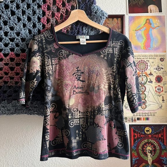 2000’s y2k charcoal gray floral top - Picture 3 of 4